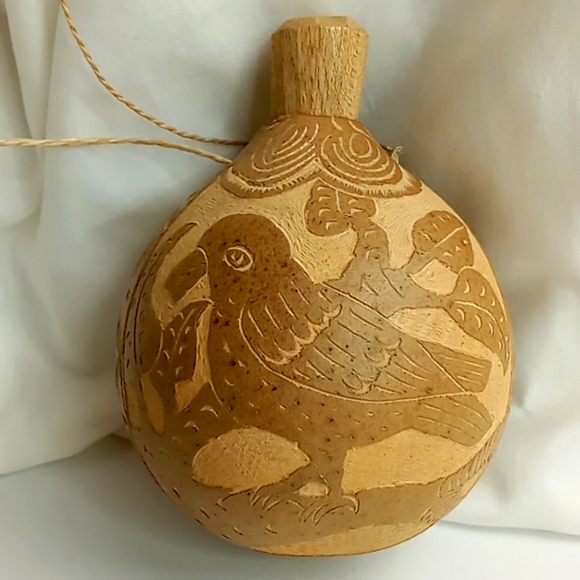 Hand Carved Gourd Drinking Vessel Bird/Leaf Design - Picture 3 of 10